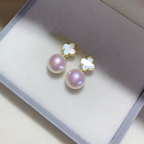 Floral Leaf Shell Pearl Earrings - Elegant Fresh Look in 18K Gold Vermeil
